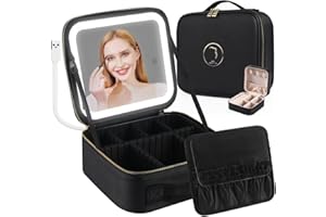 S&N Remille Travel Makeup Case with LED Light Mirror, Portable Waterproof Makeup Bag with 3 Adjustable Color Brightness Professional Cosmetic Train Case Organizer with Adjustable Dividers