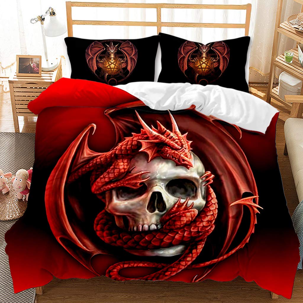 JXING Floral and Skull Duvet Cover - Skull &amp; Roses Microfibre Bedding Set - Halloween Gothic Skull - Duvet Cover and Pillowcases (A3, Double 200 x 200 cm)