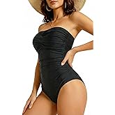 Smismivo Tummy Control Swimwear Strapless One Piece Swimsuit Ruched Bathing Suits for Women Slimming Bandeau Tube Top Bikini