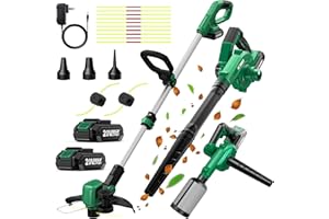 K I M O. KIMO 20V Weed Wacker and Blower Combo w/2 x 2.0Ah Battery & Charger, 12 Inch String Trimmer w/10Pcs Cutting Lines, 4-in-1 Leaf Blower Cordless w/Vacuum, 3 Nozzles & 20" Extended Tube for Yard, Garden