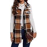 UONBOX Women's Plaid Vest Flannel Button Down Sleeveless Shacket Shirt Outerwear Fall Lapel Long Jacket with Pockets