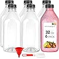 32 Oz Juice Bottles with Caps (6 Pack) - Reusable Clear Plastic Drink Containers for Mini Fridge - Water Bottles Bulk - Includes Labels, Brush & Funnel