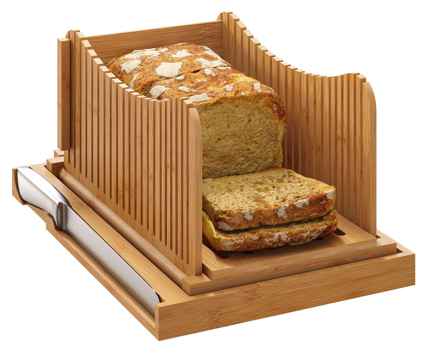 Photo 1 of Large Bamboo Bread Slicer with Serrated Knife, Adjustable Bread Slicer Guide with 3 Thickness Size, Foldable Compact Chopping Cutting Board with Crumb Tray (Extra A - with Knife)