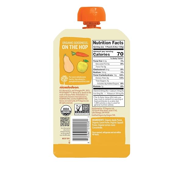 PUMPKIN TREE PETER RABBIT ORGANICS APPLE, CARROT AND SQUASH PUREE, 4.4 OUNCE (PACK OF 10)