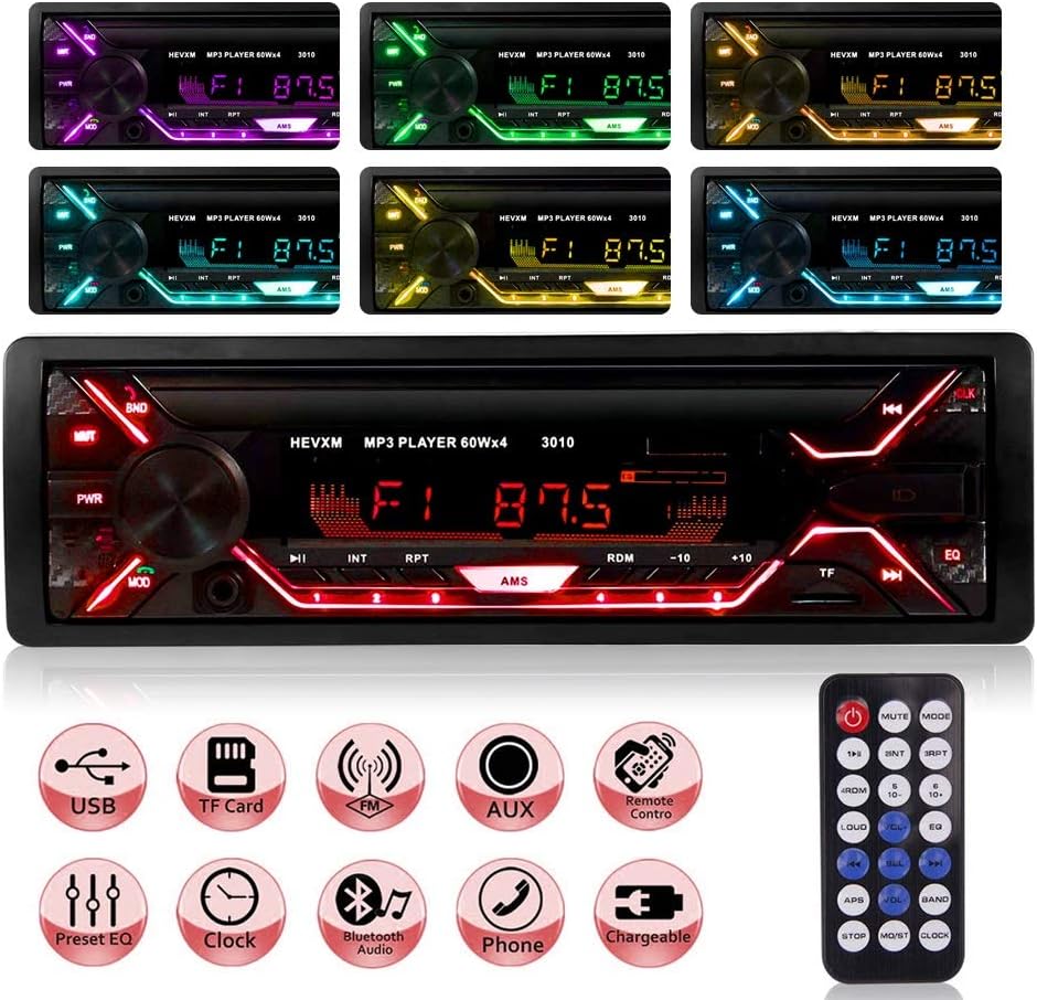 Car Radio, Single DIN MP3 4X60W Car Stereo Receiver with Bluetooth 4.2, FM Media Receiver Built-in Microphone USB Port and SD Card Slot,With Remote Control,seven colors