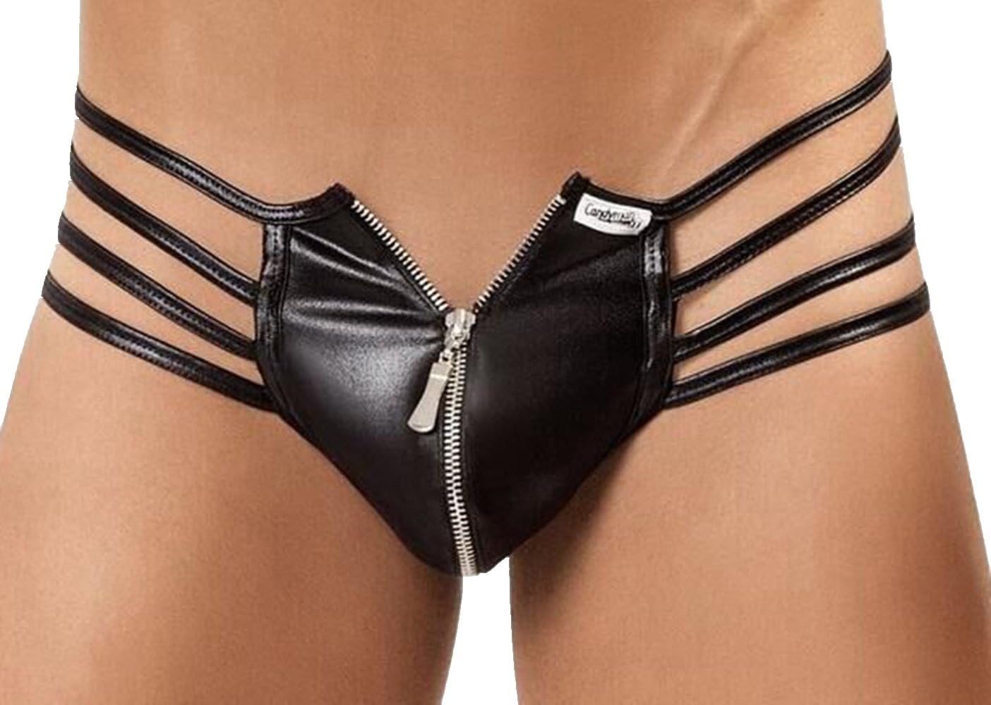 IGIG Men's Sexy Leather Look Bikini G-String Thong Underwear Mini Zipper Pouch Swimwear