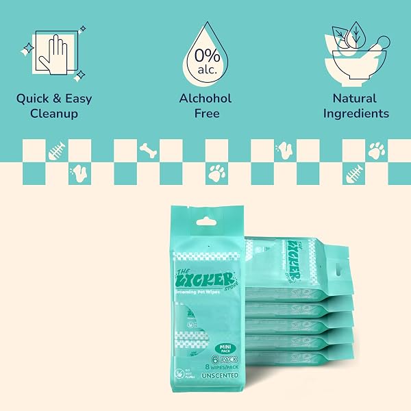 THE LICKER STORE PWP1008A-6SET MINI DOG BODY WIPES, HYPOALLERGENIC PET GROOMING WIPES WITH ALOE VERA, CHAMOMILE & SHEA BUTTER, FOR PAWS, FACE & BODY, CLEANING & HYDRATING, 288 COUNT (6 BAGS)