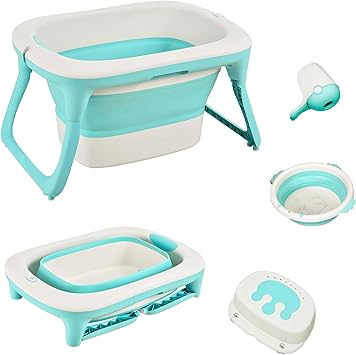 HOMCOM Bañera para Bebé Plegable y Portátil con Recipiente de Champú Palangana y Taburete Set de 4 Piezas de Ducha para 0-3 Años 81,5x60x46,5 cm Verde