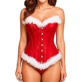 MOBJVIY Womens Corset Top Off Shoulder Costume Fuzzy Trim Bodyshaper Red Bustier Top Christmas Outfits