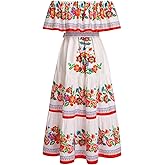 Women Mexican Dress Summer Floral Print Traditional Ethnic Wear Off Shoulder Beach Holiday Party Long Maxi Gowns