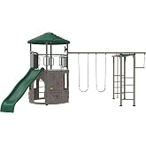 Lifetime Adventure Tower Deluxe Swing Set Playset Lifetime Adventure Tower, Covered Clubhouse, 9 ft Wavy Slide, Monkey Bars, Climbing Wall, Fireman&rsquo;s Pole, Belt Swings &amp; Trapeze