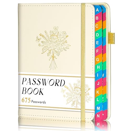 hi!SCI Password Keeper Book with Colorful Alphabetical Tabs, Small Pocket Password Logbook for Seniors, 4.7 x 6.2" Internet Website Address Organizer, Stores 675 Passwords (White)