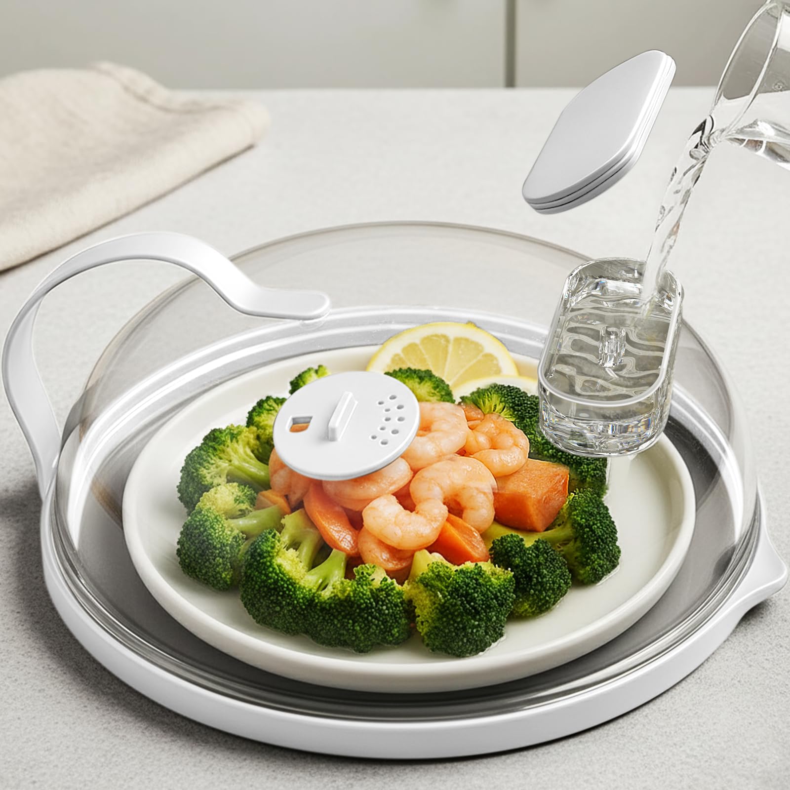Photo 1 of Microwave Splatter Cover with Water Steamer for Food - 10 Inch Steam Microwave Splatter Guard with Handle Splash Oven Lid with Built in Steamer Plate Covers for Heating Food - White
