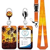 Palm Tree Sunset Badge Holder Reel Lanyard, Beach ID Card Badge Holder Retractable Name Tag Clips, Funny Nurse Teacher Office Student Gifts
