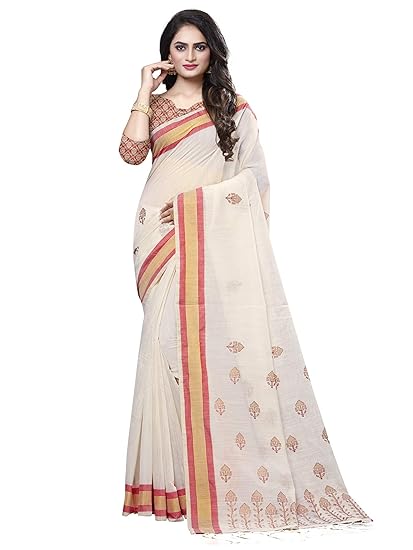Women's Cotton Silk Saree with Unstitched Blouse Piece (Free size_Off-white_NF23D)