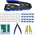 Rj45 Crimp Tool Kit Pass Through and Standard Cat6 Cat6A Cat5 Cat5e rj45 Crimping Tool with 50pcs rj45 Cat6 Pass Through Connectors, 20pcs Covers, 1 Network Cable Tester, 2 Wire Strippers, 1 Cutter