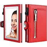 TOYFID Women Wallet with Card Holder, Small Pretty Wallet with Mirror for Women,Pop Up Card Holder Wallet, Tri-fold Genuine Leather Wallet Women with Mirror, Compact Wallet for Traveling,(Red)