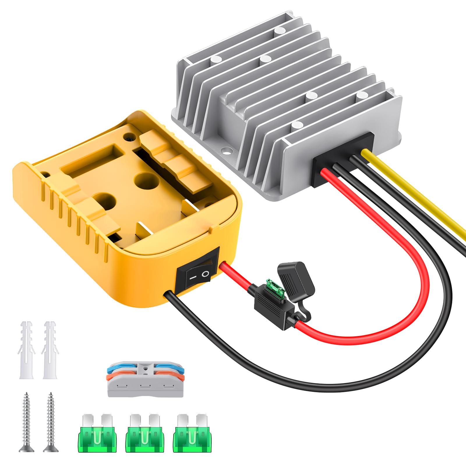 View 1 of 20V to 12V Step Down Converter for Dewalt 20V Battery, DC Voltage Reducer Transformer 12V 20A 240W Buck Converter Power Wheel Battery Adapter with Over Discharge Protection, Switch and Fuse