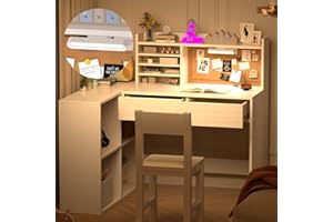 NKUGCFC Kids Study Desk with 3-Color Lights,with Drawers and Shelves,KidsDesk with Bulletin Board, 41in*31in White Kids Desk and Chair Set for 5-12 Year Old, Kids Corner Desk and Chair set-ra40