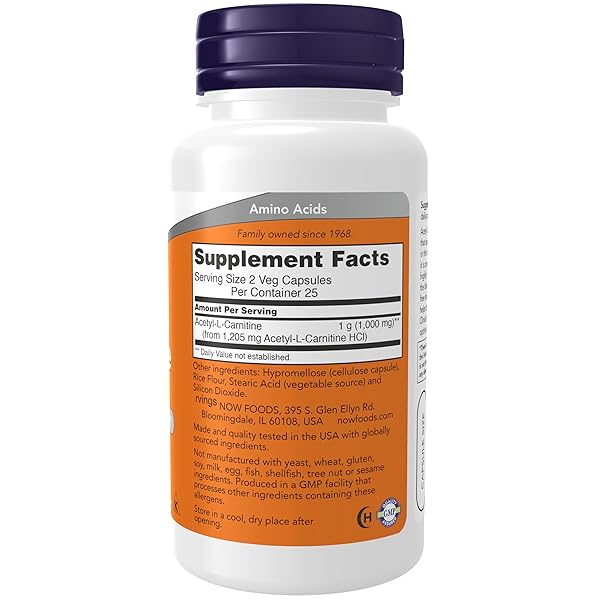 NOW FOODS SUPPLEMENTS, ACETYL-L CARNITINE 500 MG, AMINO ACID, BRAIN AND NERVE CELL FUNCTION*, 50 VEG CAPSULES
