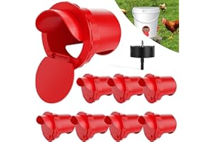 HIPYKAT Chicken Feeder Port 8pcs Poultry No Waste Port Kit with Stopper Lid, 1 Hole Saw, DIY Automatic Reusable Coop Feeders, Rain Proof Gravity Feeding Geese Duck Hens Rooster for Bucket Barrel Bin (Red)