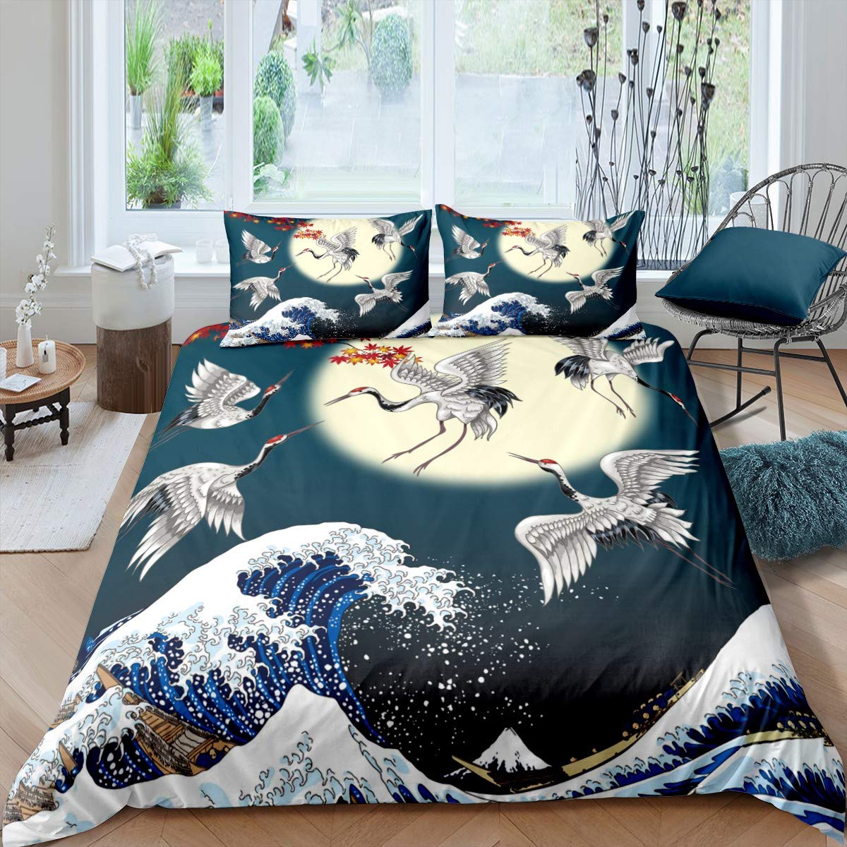 Loussiesd Japanese Ukiyoe Bedding Set 3D Red-Crowned Crane Print Duvet Cover for Kids Boys Girls Ocean Wave Moon Bed Cover Hokusai Decor Bedspread Cover with 2 Pillowcases 3Pcs Bedding King — image 1
