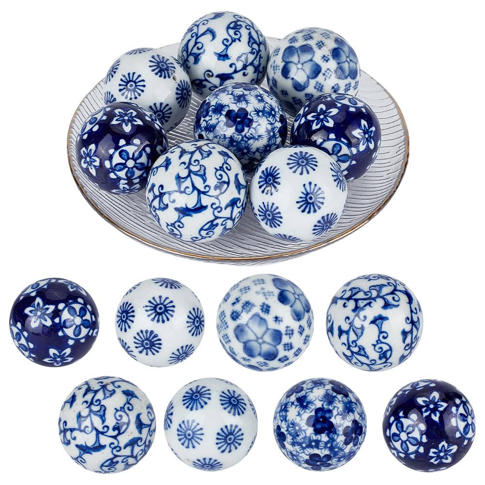 OLYCRAFT 8Pcs Blue and White Porcelain Balls Handmade Porcelain Beads 4cm Decorative Ball 1mm Hole Floating Ceramic Orbs Spheres for Centerpiece Bowls Vases Tables Wedding Home Decor