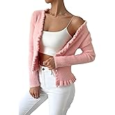 SKAYS Women's Ruffle Button Cardigan Knitted Cropped V-Neck Long Sleeve Front Open Top