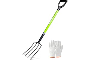 HORIJUNKE Garden Fork, 4-Tines Pitchforks,45-Inch Pitchfork for Gardening,Fiberglass Digging Fork Pole, D-Handle-(Green)