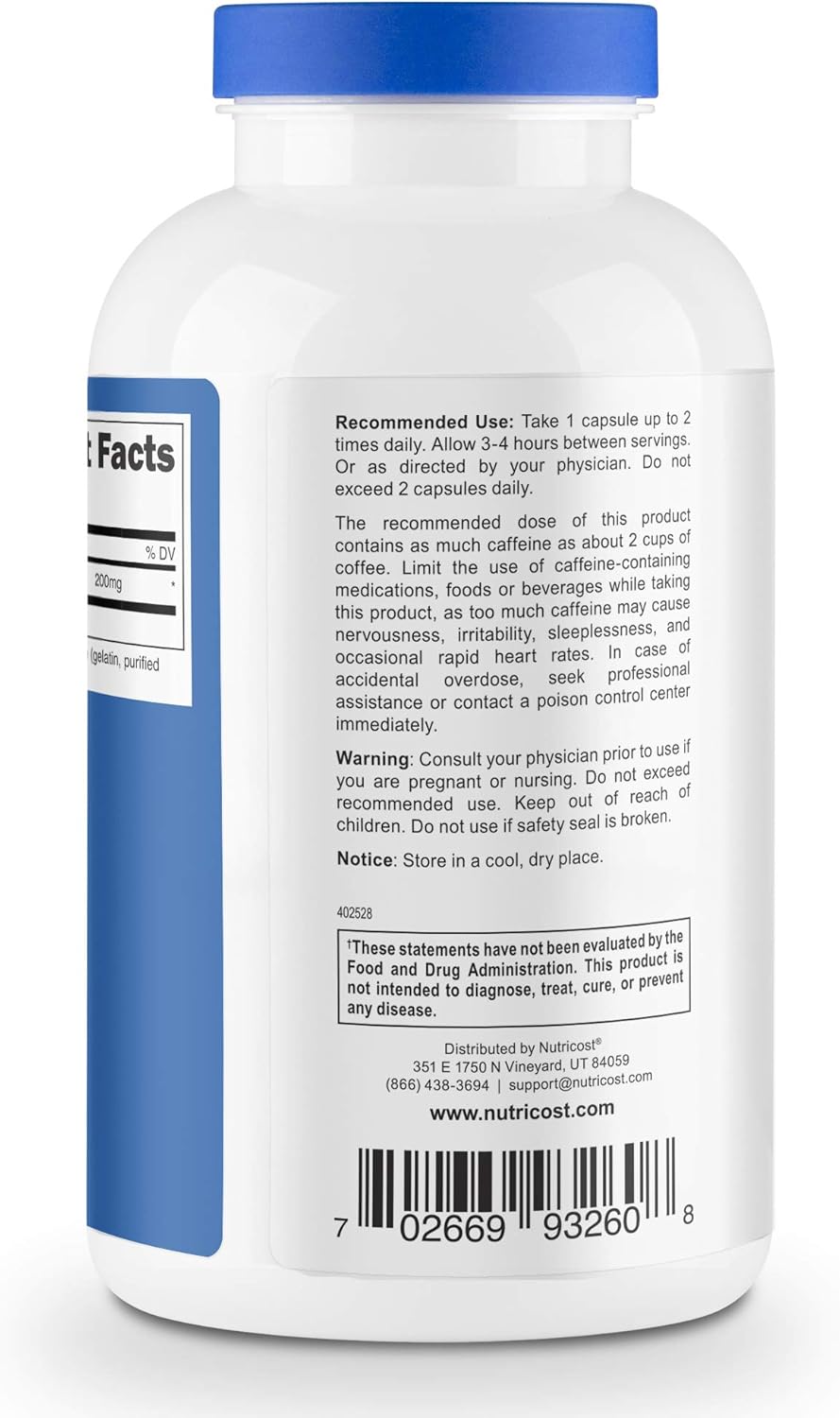 Nutricost Caffeine Pills, 200mg Per Serving (500 Caps): Health & Personal Care