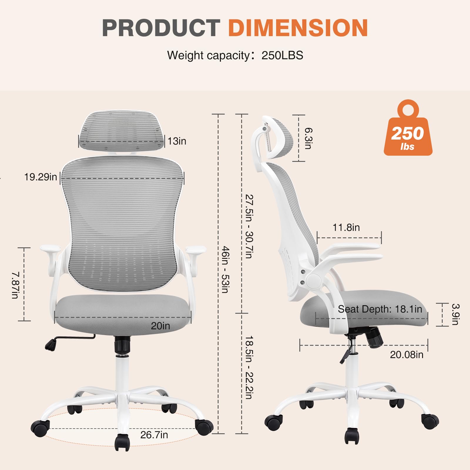 Sweetcrispy Office Computer Desk Chair, Ergonomic High-Back Mesh Rolling Work Chairs with Wheels and Adjustable Headrests, Comfortable Lumbar Support, Comfy Flip-up Arms for Home,Bedroom,Study, Grey - Image 2