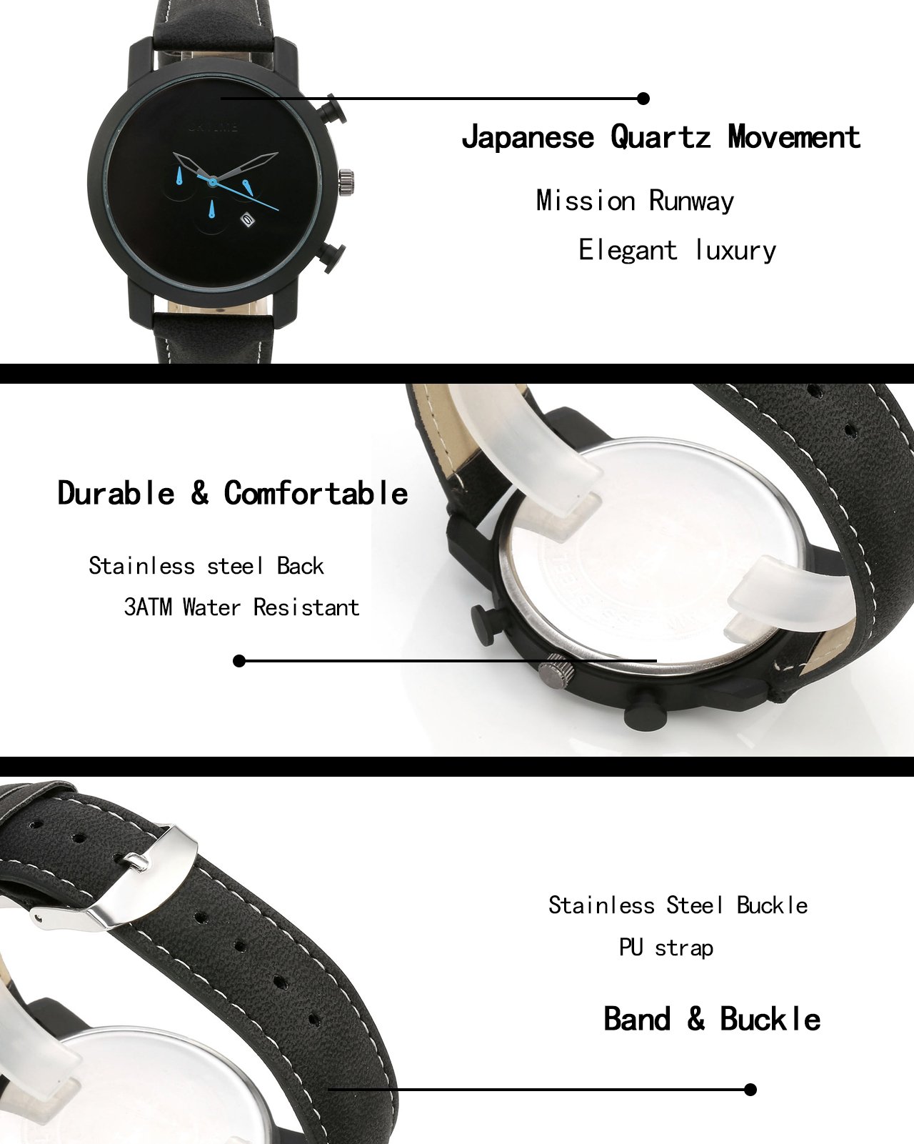 JSDDE Uhren,Sport Armbanduhr DREI unecht Chronograph 3ATM Wasserdicht Kalender Analog Quarz Uhr Echtleder Armband,schwarz