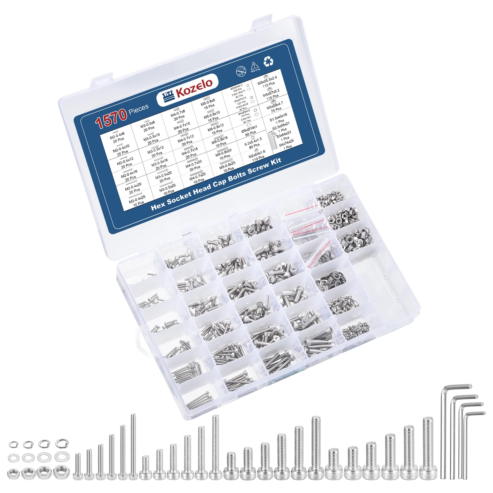 Kozelo 1570pcs Socket Head Cap Screws Bolts Nuts Assortment Kit - [M2/M3/M4/M5] 304 Stainless Steel Allen Socket Drive for 3D Printer, with Wrench