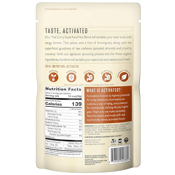 LIVING INTENTIONS SPROUTED ORGANIC NUT BLEND– THAI CURRY– NONGMO – GLUTEN FREE – VEGAN – PALEO – KOSHER – 4 OUNCE UNIT