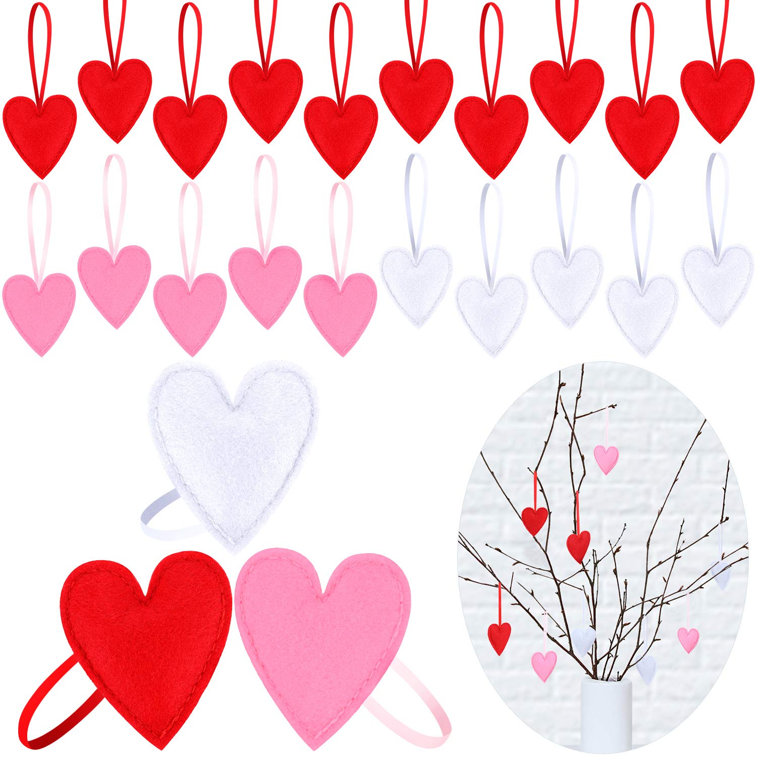 Boao 20 Pack Valentines Day Decorations Felt Heart Valentine Tree Ornaments Red Pink White Felt Hearts Hanging Decorations for Valentine's Day Wedding Anniversary Party Supplies