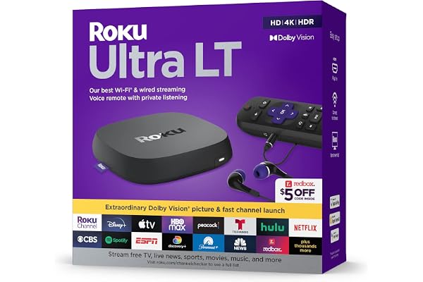 Roku Ultra LT (2023) HD/4K/HDR Dolby Vision Quad-Core Streaming Player with HDMI Cable, Headphones, Voice Remote w/Private Listening, Ethernet (Renewed)