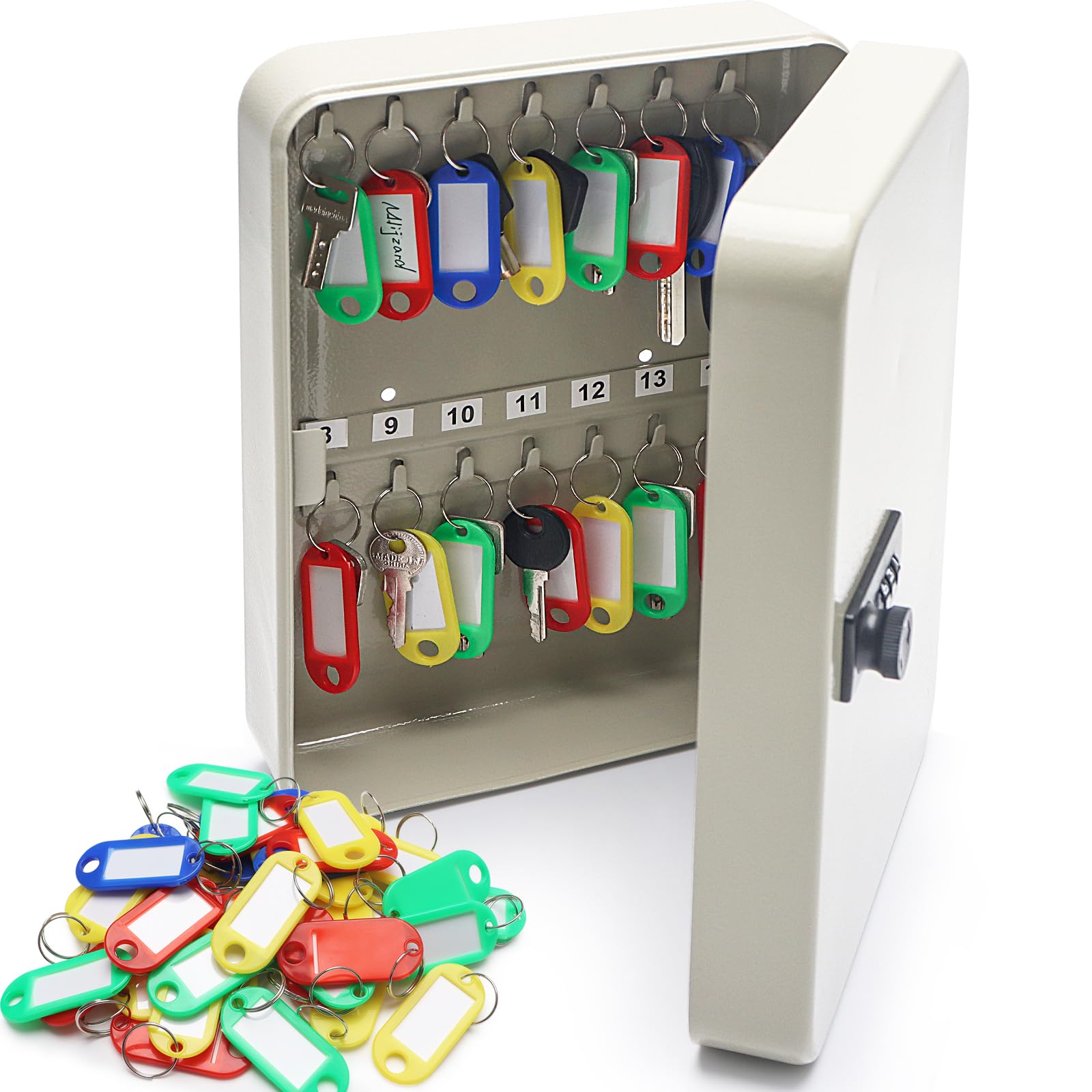 Mlijzard Key Safe Wall Mounted Combination Key Cabinet, 28-Key Key Box with Resettable Code and 60pcs Key Tags, Steel Key Lock Box Keysafe Key Organizer for Home Office Garage (White-28Key60Tag)