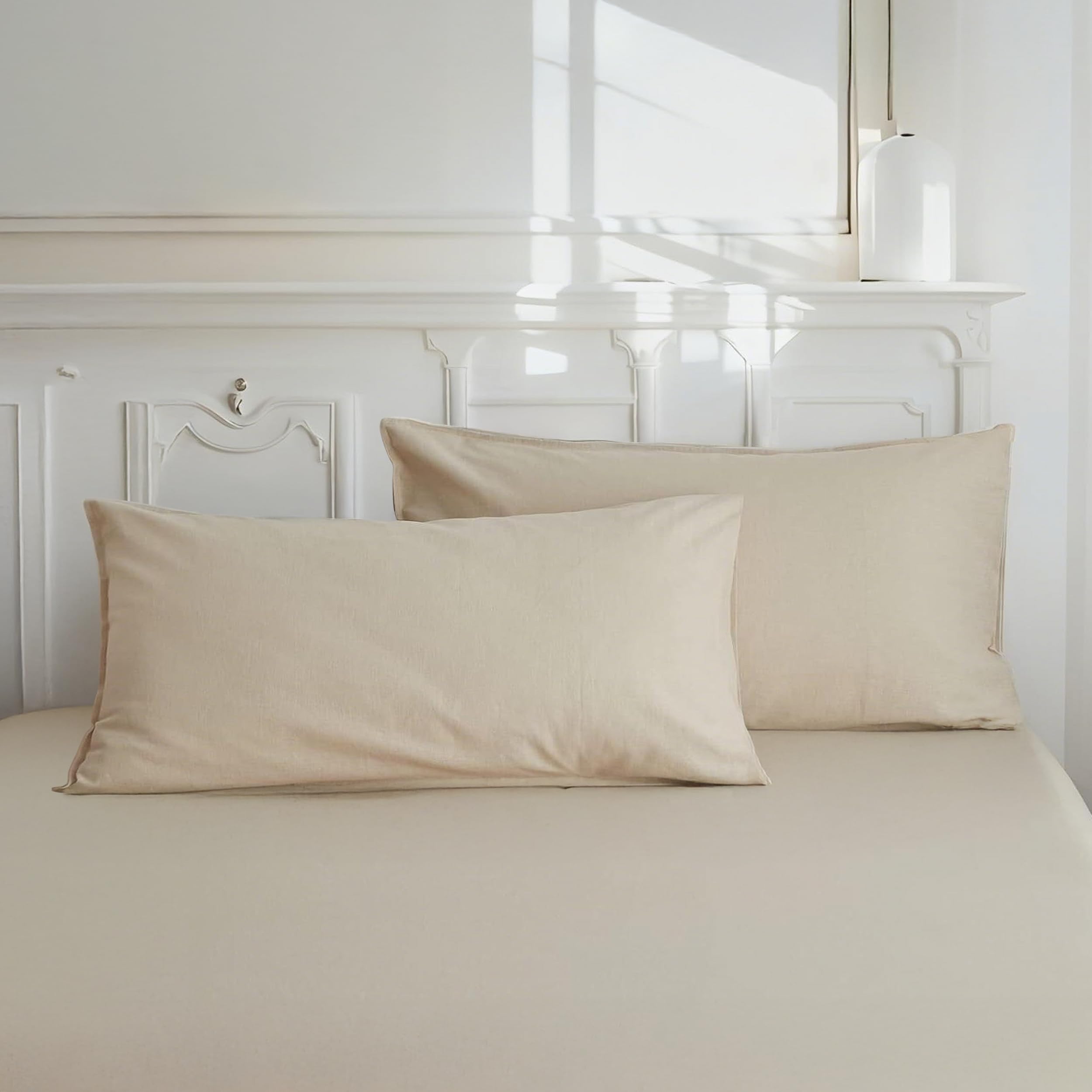 Simple&Opulence Pillowcases, 55% Linen 45% Cotton Blend Hotel Quality Durable Pillow Protector, Pack of 2 Breathable Pillow Cover with Envelope Closure,Linen/Beige,40 x 80 cm