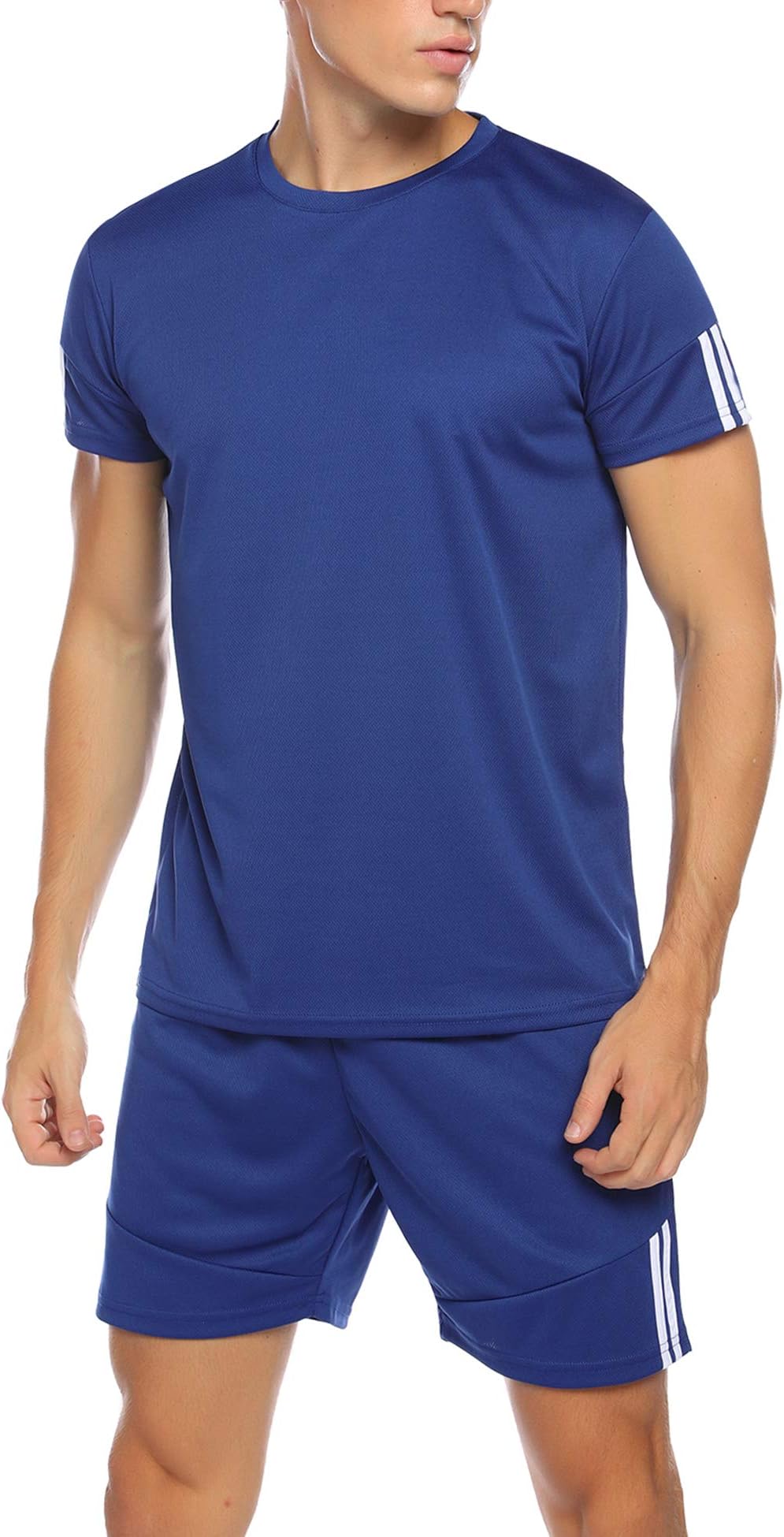 Hawtion Men's Sport Active Tracksuit Short Sleeve Striped Running Jogging Outfit Set