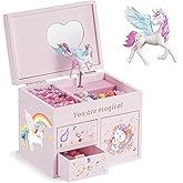 Lolalet Wooden Jewelry Box with Unicorn for Girls, Musical Children's Jewelry Organizer, Gift for Toddler Age 2 3 4 5 6 7 8 9 on Birthday -Pink