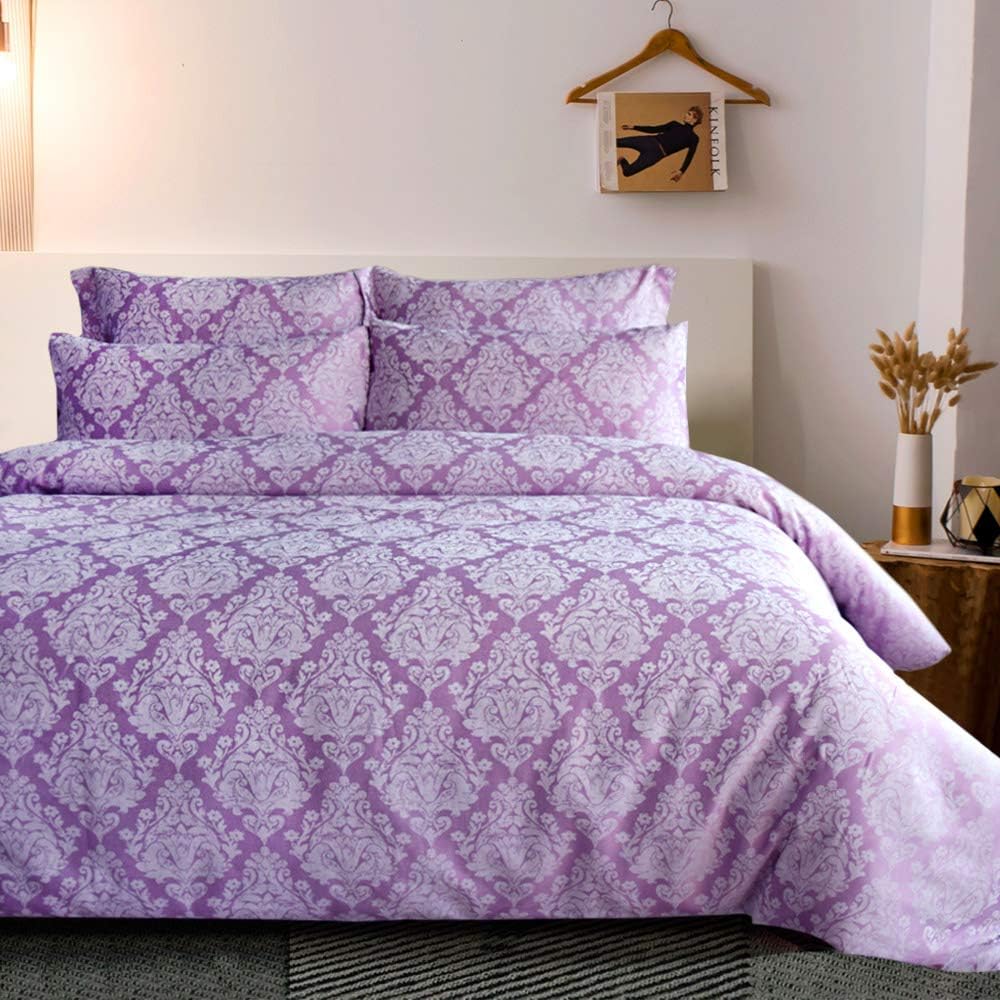 Merryfeel Jacquard Duvet Cover Set King,Classic Paisley Damask Jacquard Duvet Cover Set, 3 Pieces Bedding Set (1 Duvet Cover with 2 Pillowshams) - King - Lavender Pink