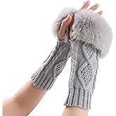 PESAAT Knit Arm Warmers Faux Fur Fingerless Gloves for Women Winter Wrist Warmers with Thumb Hole