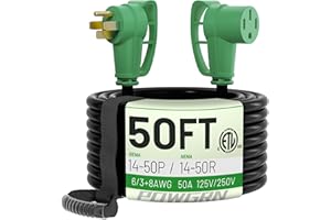 POWGRN NEMA 14-50P to NEMA 14-50R 50 Amp RV/EV Extension Cord 50 FT Outdoor with Grip Handle, Flexible Heavy Duty RV Power Cord Waterproof, 50A 125/250V 6250/12500W STW, Black-Green, ETL Listed