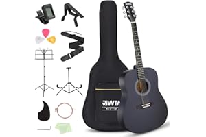 RIVVTA 41 Inch Acoustic Guitar Kit for Beginners Adults with Gig Bag, Tuner, Pickguard, Strings, Picks, Capo, Hex Wrench, Strap, Cleaning Cloth, Music Stand, Black