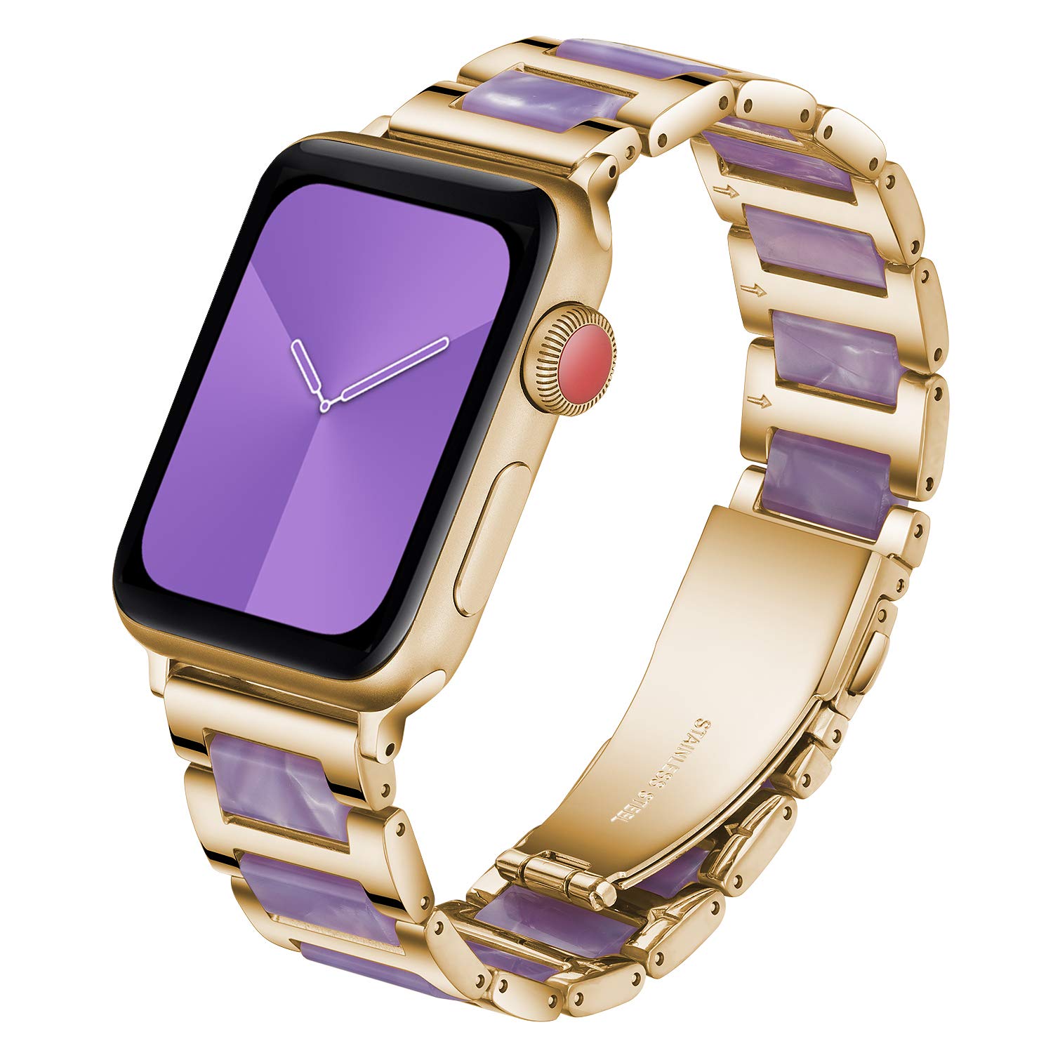 Caunedy Compatible with Apple Watch Strap 38MM/40MM/42MM/44MM,Solid Stainless Steel Metal Wristband Replacement for Series 5/4/3/2/1,Colourful Resin Bracelet Strap (38/40mm, Gold&Purple) โ image 1