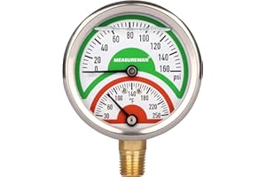 MEASUREMAN Tridicator, Thermo-Manometer, 2-1/2", Silicone Oil Filled, 0-160psi/30-250 deg F, Stainless Steel Case, 1/4" NPT Lower Mount Pressure Gauge