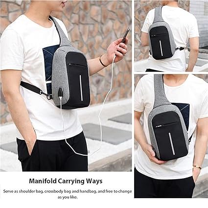 SHOPEE BRANDED Water Resistant Anti Theft Chest Sling Backpack Bag with USB Cable and Charging Port for Mini Laptop, Notebook, Camera, Mobile , Smartphone Tablet Suitable Use For School, College, Travel, Hiking Camping (Colour GREY)