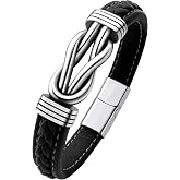Oaldilee Mens Black Braided Leather Bracelet, Green/Red/Brown/Black Braided Leather Infinity Knot Bracelets for Men with Stainless Steel Clasp, 7.5/8.5/9in Length