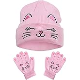 BEARAE Girls Hat and Gloves Set, Cute Cat Kids Winter Beanie Hat Gloves, Knitted Skiing Beanies Hats for Girls Kids 3-12T