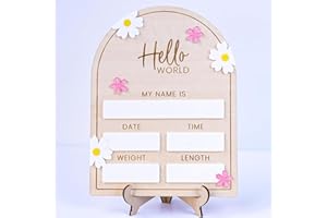 CUNCUN Wooden Baby Announcement Sign Flower Hello World Newborn Welcome Sign Birth Name Plaques for Photo Props Baby Shower Hospital Nursery (Flower1)
